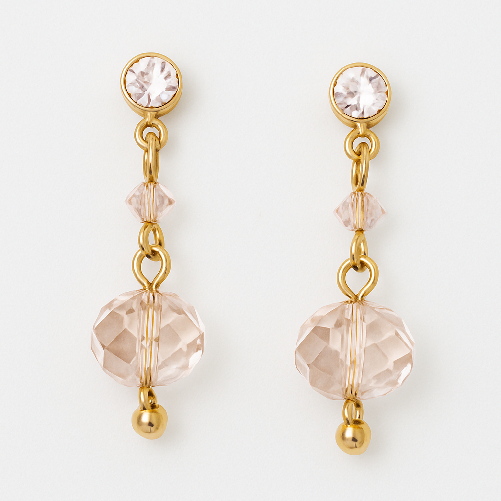 15 - Boucles d’Oreilles Pendantes Plaquées Or – Cristaux Rose Poudré