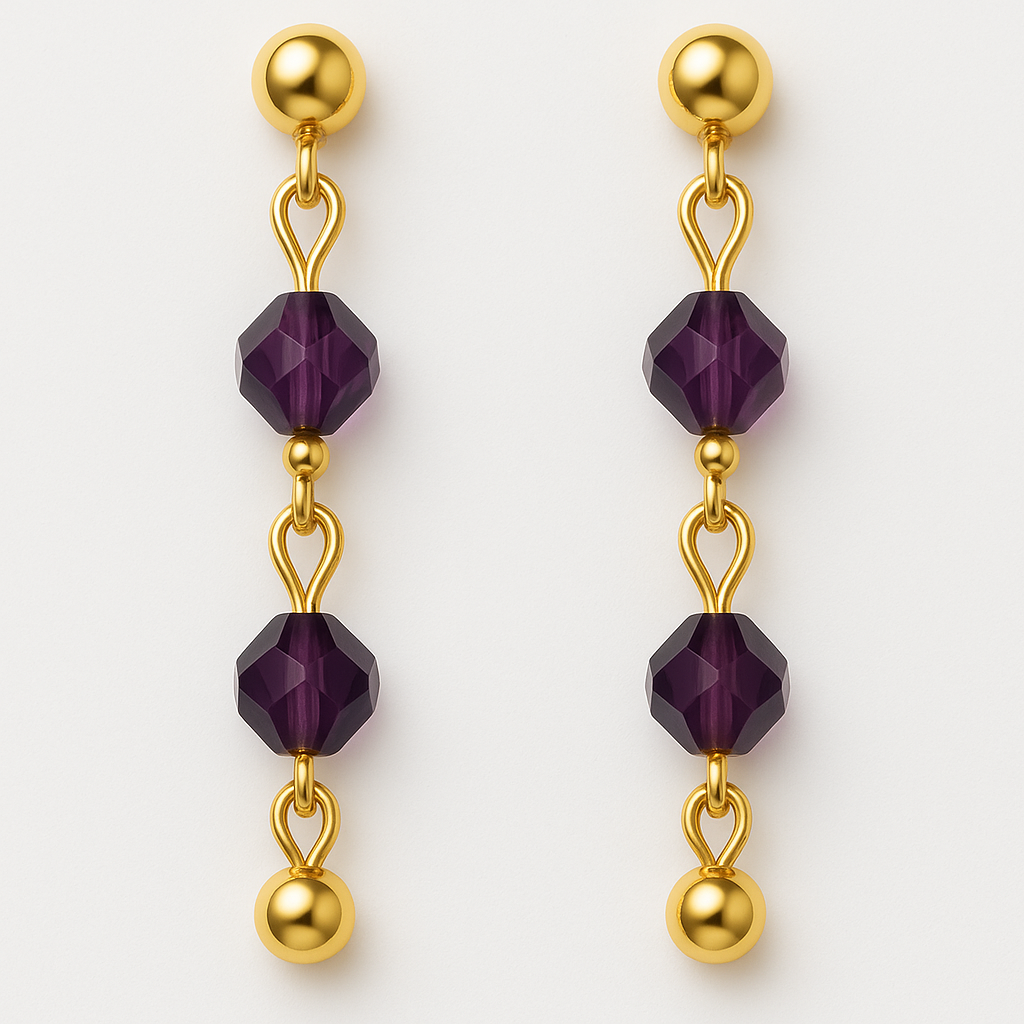 16 - Boucles d’Oreilles Pendantes Plaquées Or – Perles Améthyste