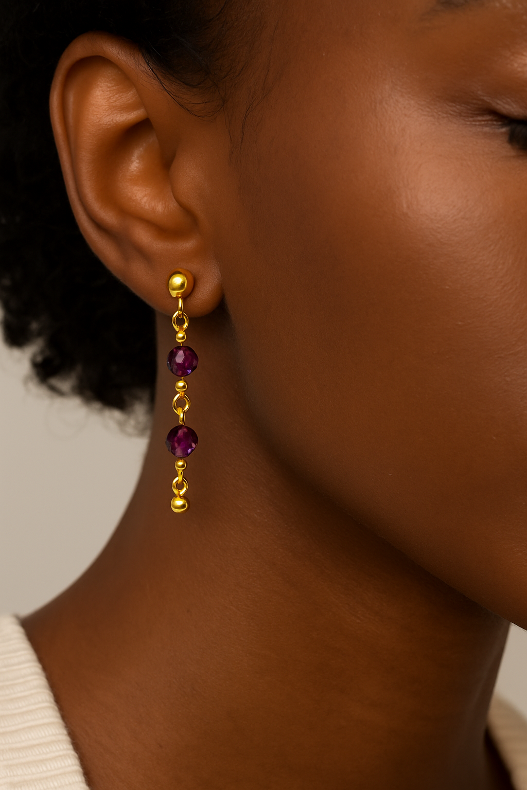 16 - Boucles d’Oreilles Pendantes Plaquées Or – Perles Améthyste