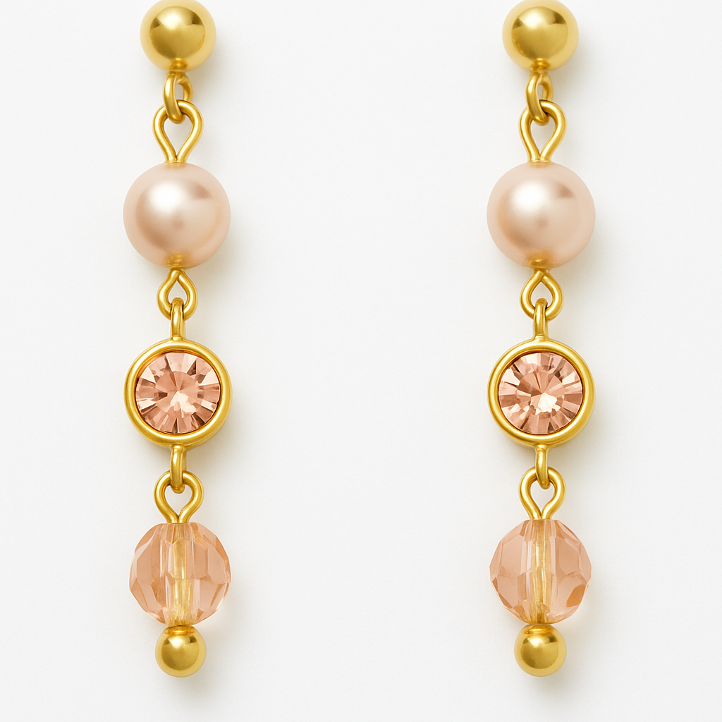 17 - Boucles d’Oreilles Pendantes Plaquées Or – Perle, Cristal & Goutte Facettée Rose