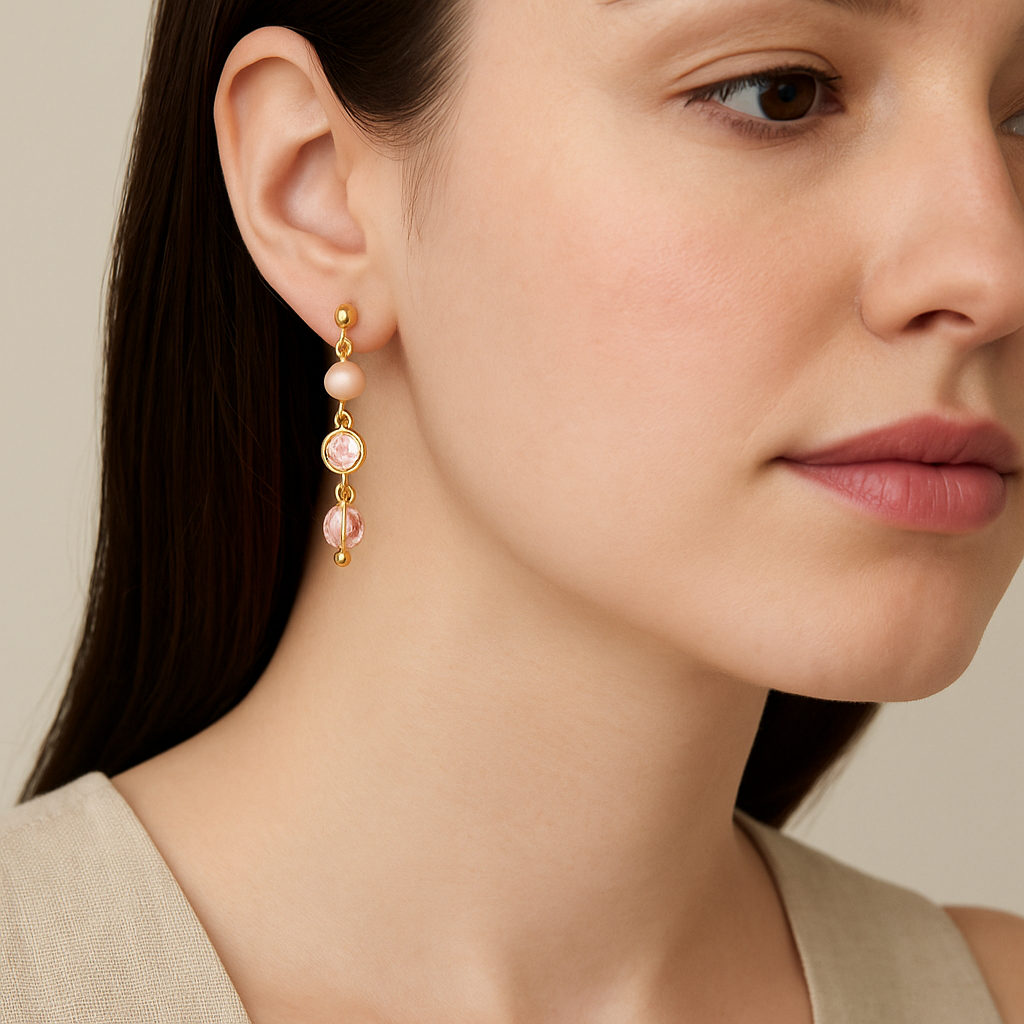 17 - Boucles d’Oreilles Pendantes Plaquées Or – Perle, Cristal & Goutte Facettée Rose