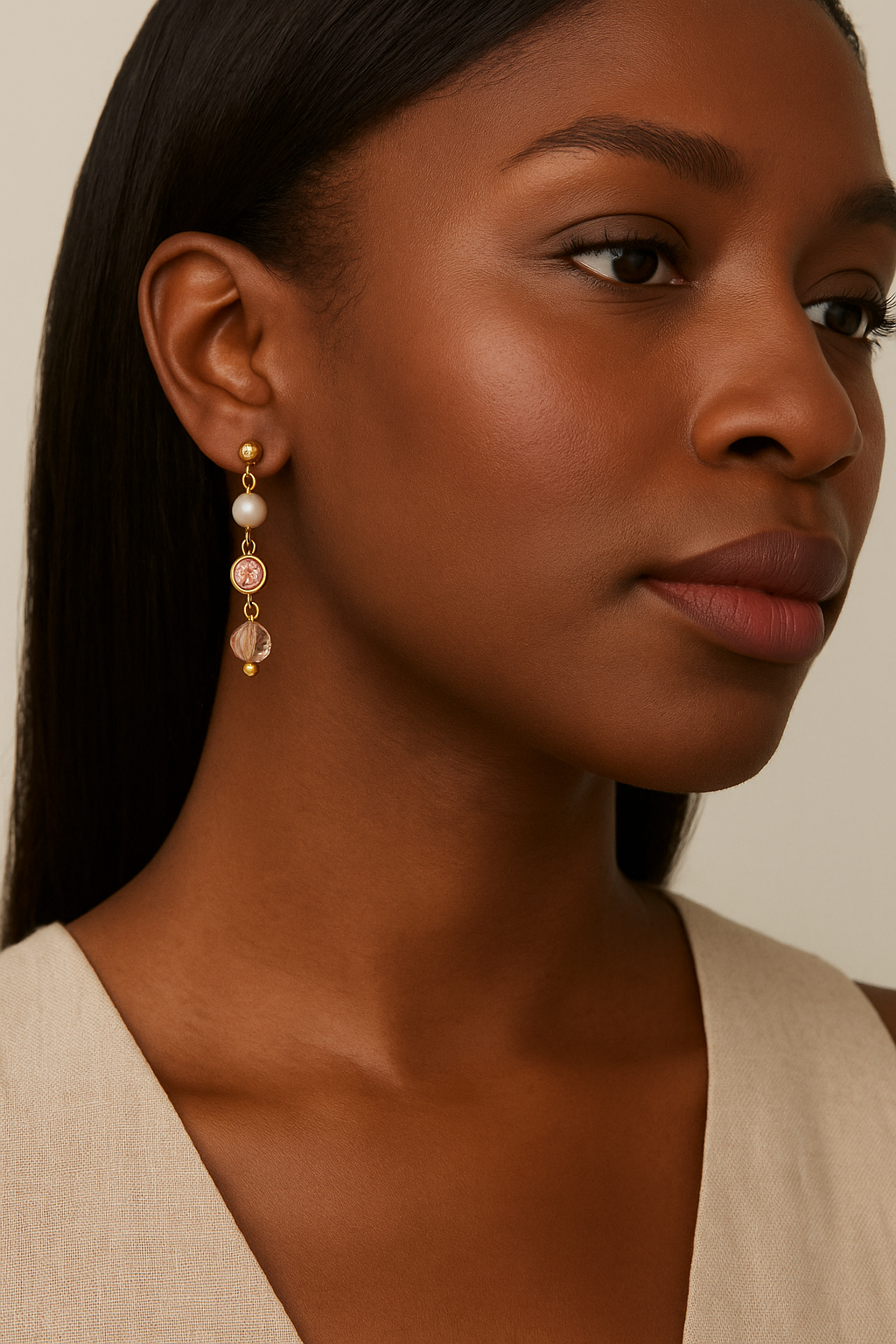 17 - Boucles d’Oreilles Pendantes Plaquées Or – Perle, Cristal & Goutte Facettée Rose