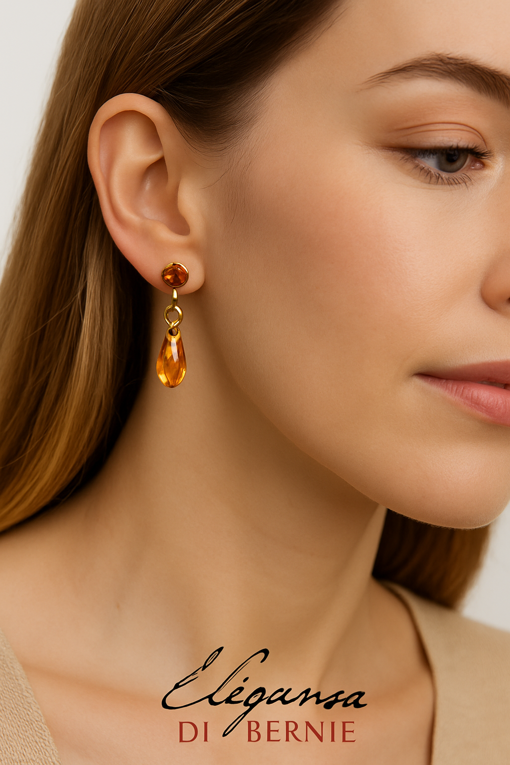 19 - Boucles d’Oreilles Pendantes Plaquées Or – Goutte Cristal Orange Facetté