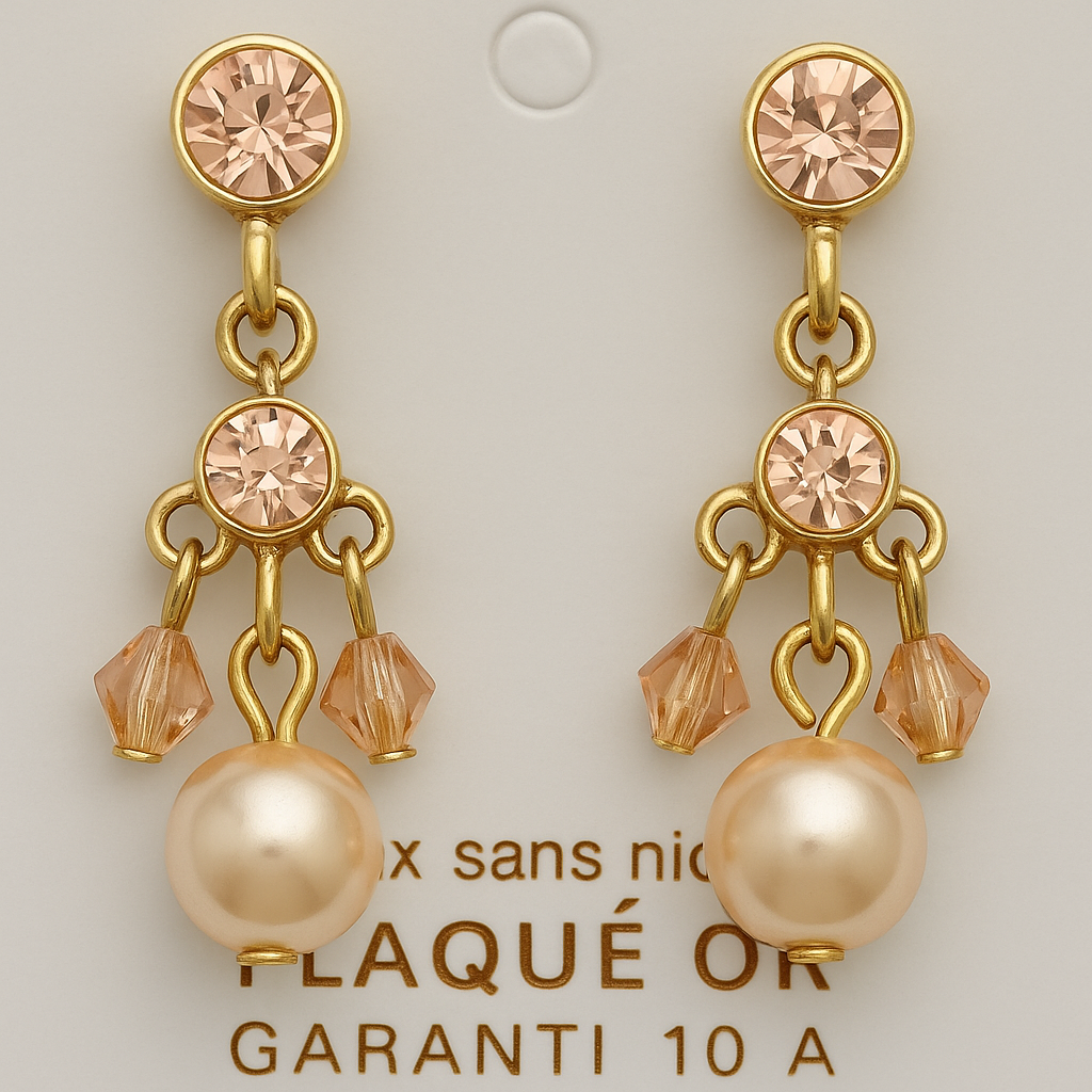 21 - Boucles d’Oreilles Pendantes Plaquées Or – Cristal Rose & Perle Nacrée
