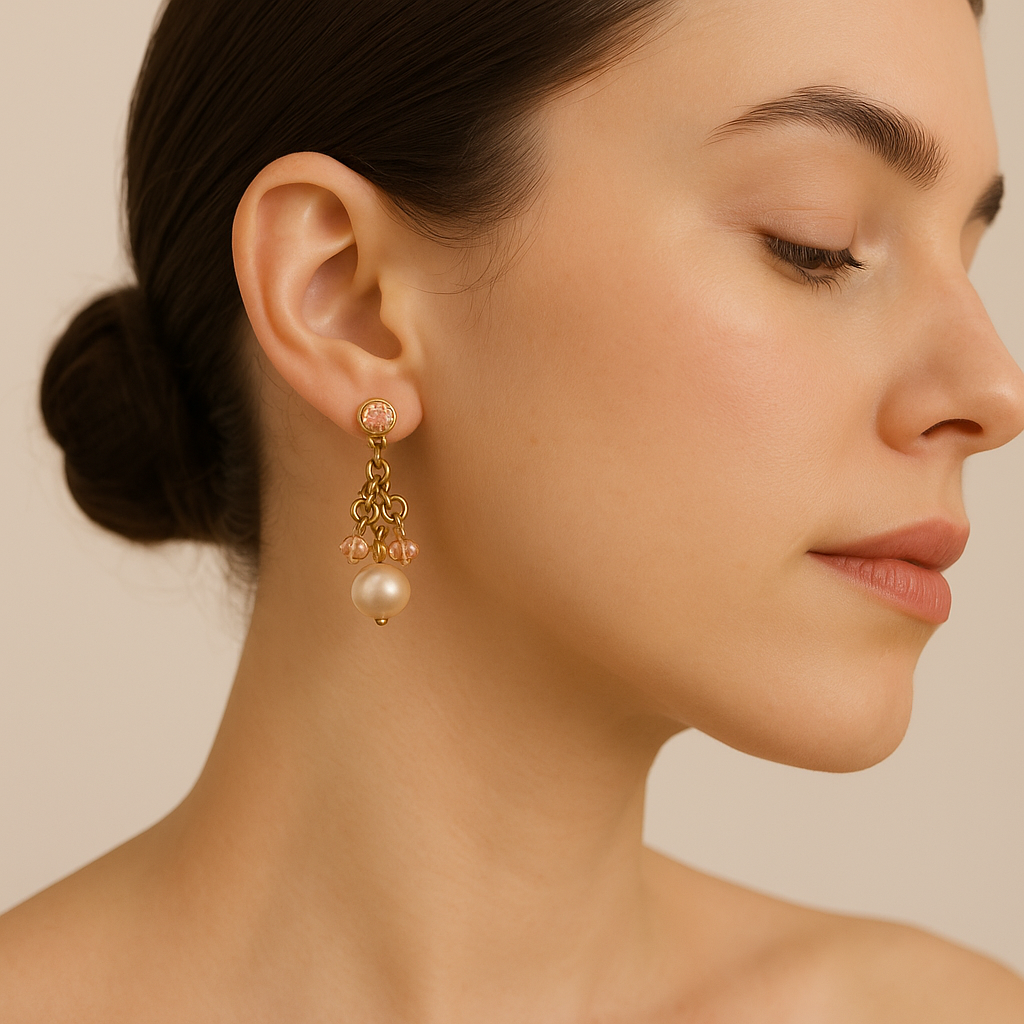 21 - Boucles d’Oreilles Pendantes Plaquées Or – Cristal Rose & Perle Nacrée