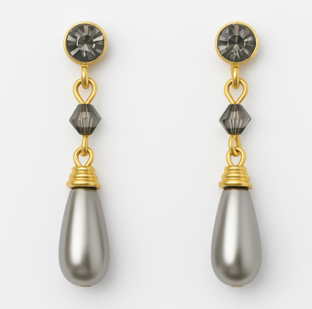 18 - Boucles d’Oreilles Pendantes Plaquées Or – Perle Goutte Nacrée & Cristal Fumé