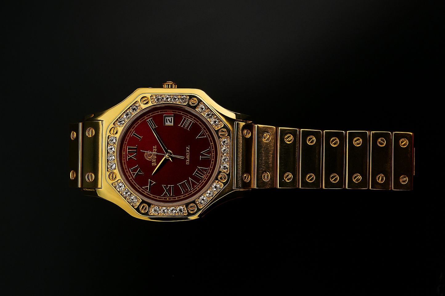 Montre Bracelet Dorée Quartz - Cadran Rouge & Zircons
