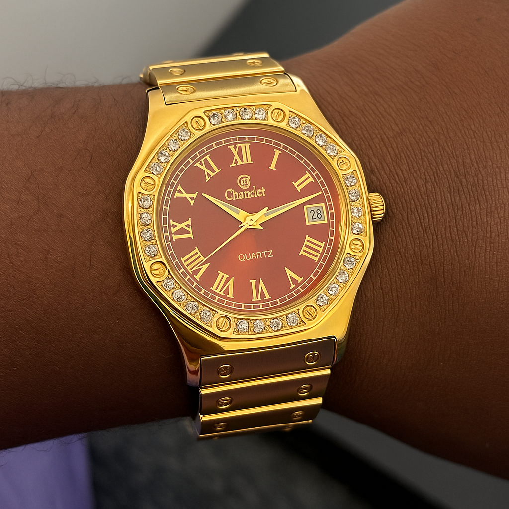 Montre Bracelet Dorée Quartz - Cadran Rouge & Zircons