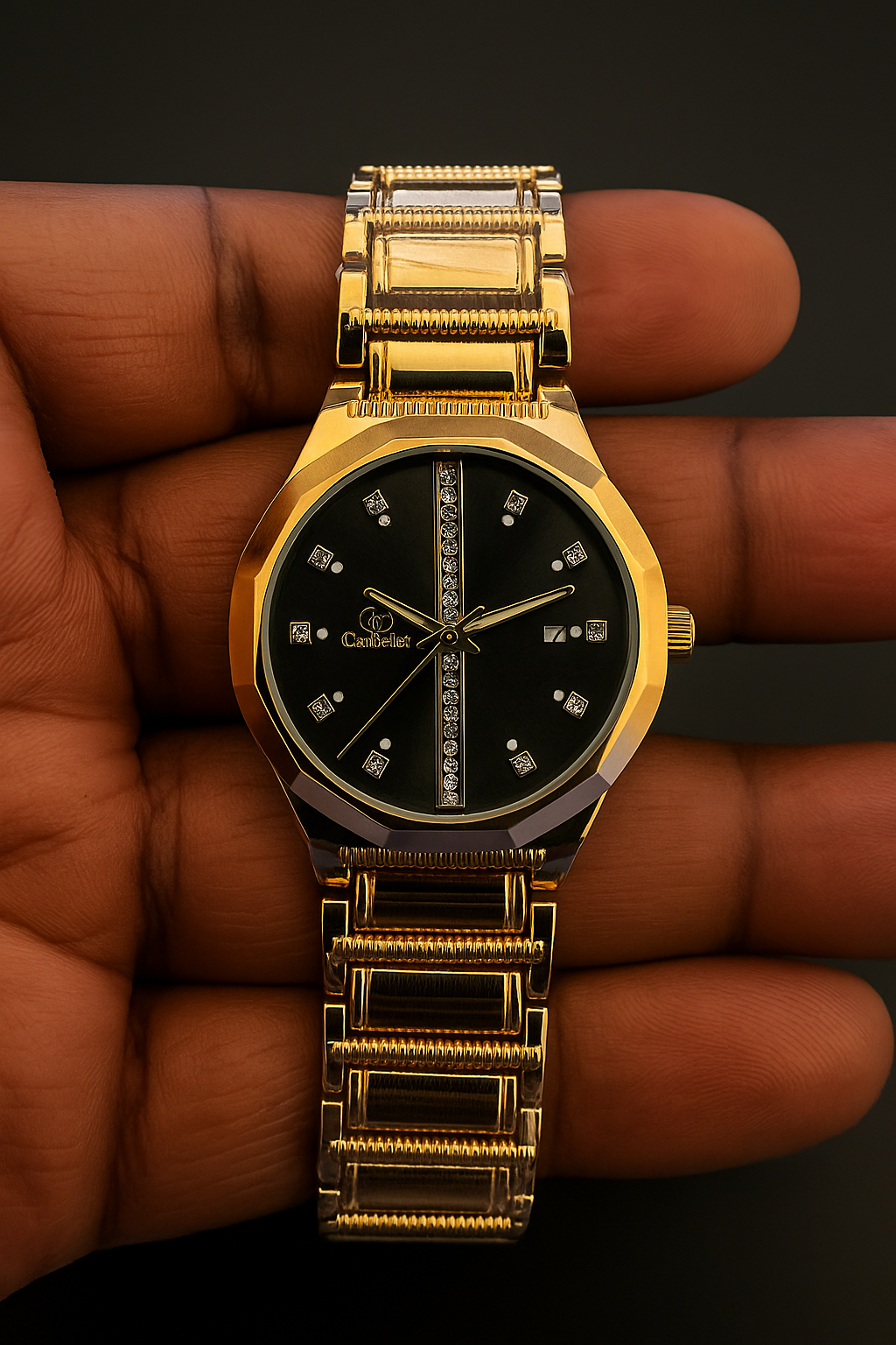 Montre Camelot Homme – Bracelet Doré & Cadran Noir Sertis de Strass