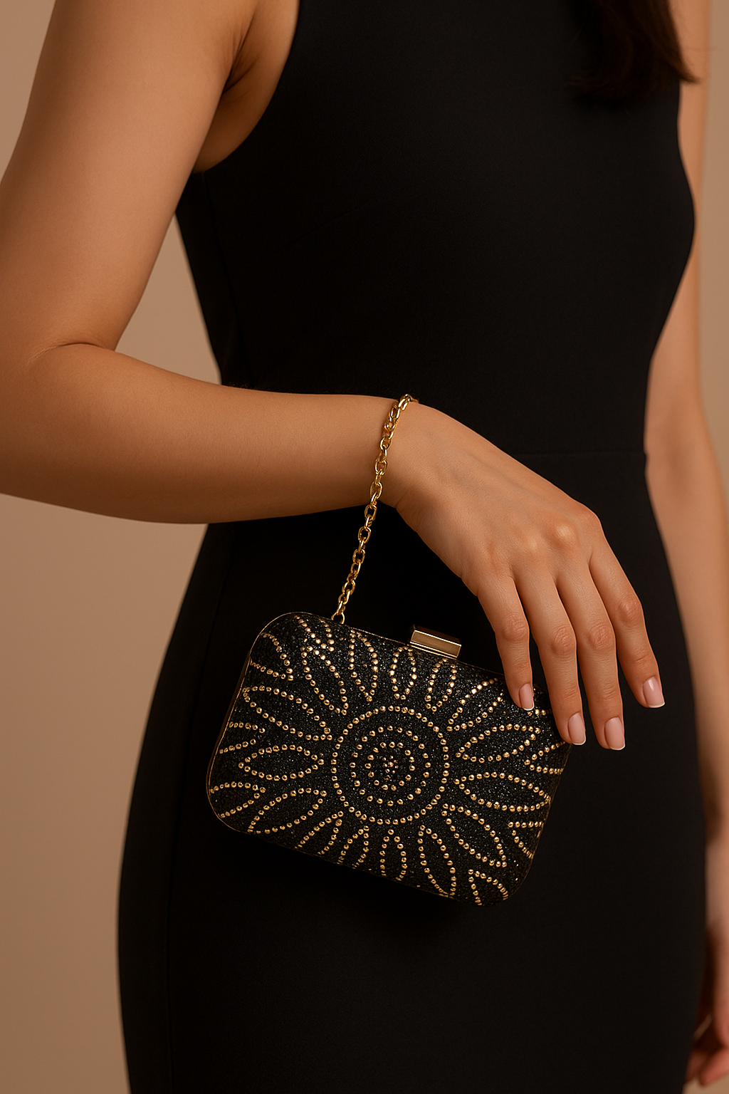 Pochette de Soirée Noire à Motif Doré – Élégance Graphique