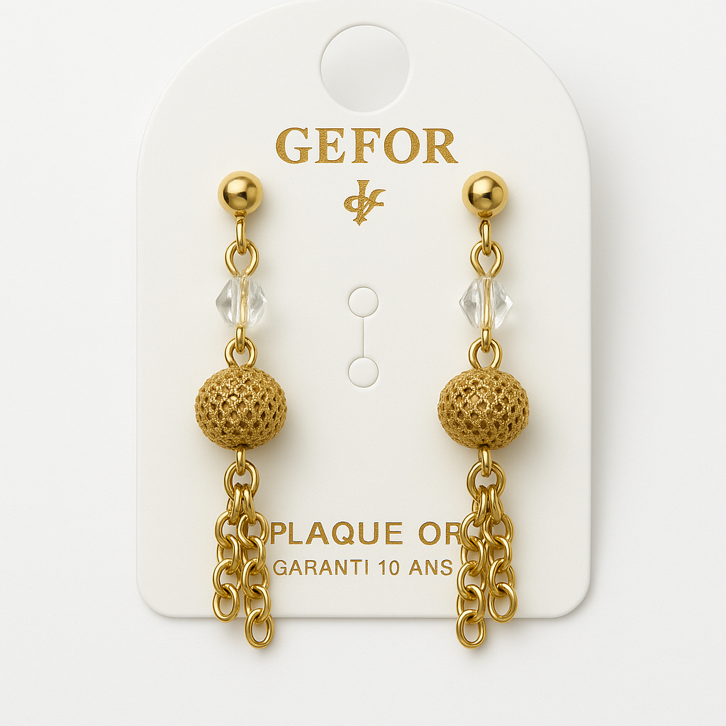 12 - Boucles d’Oreilles GEFOR – Dorure Texturée & Cristal Clair