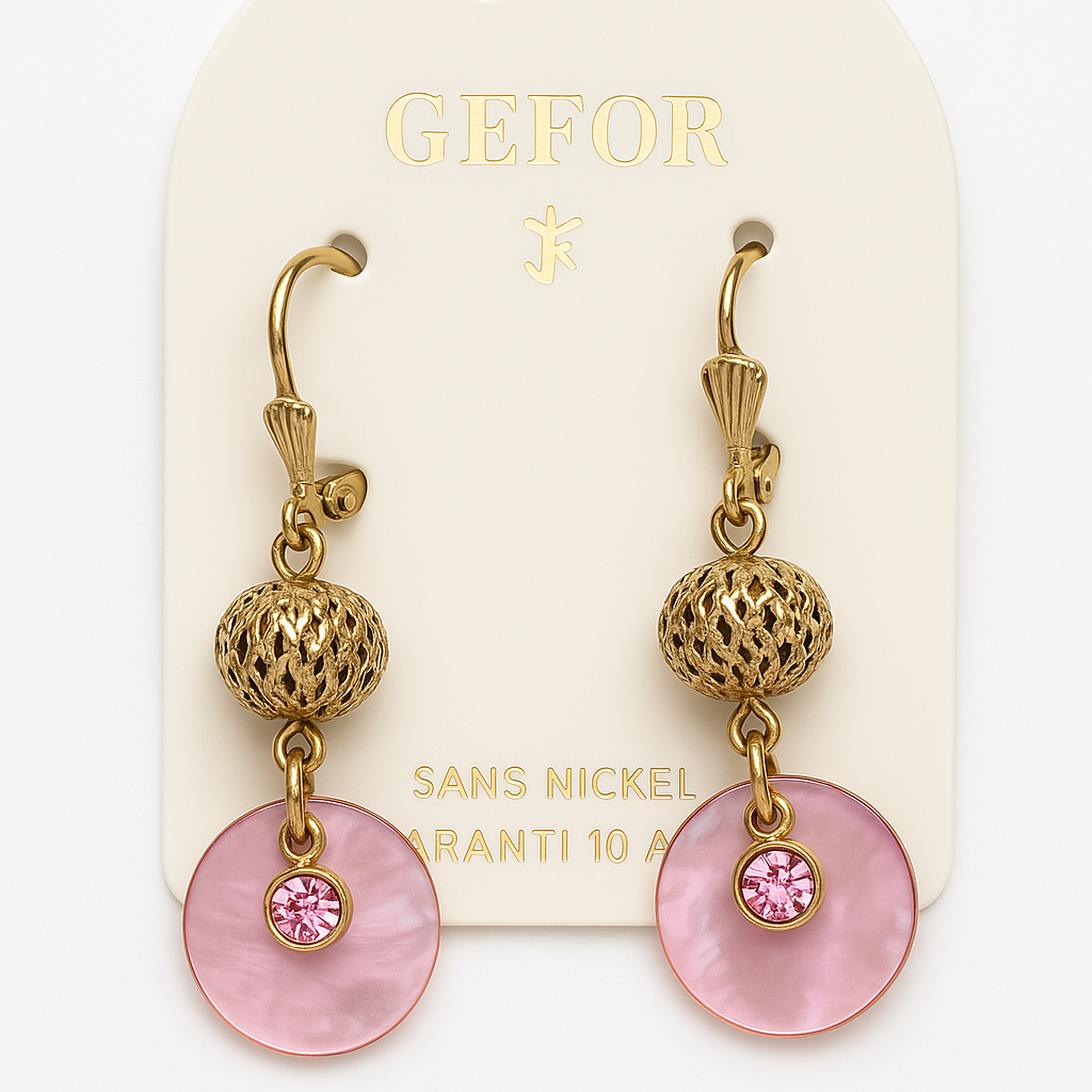 23 - Boucles d’oreilles pendantes GEFOR – Nacre blanche & strass cristal