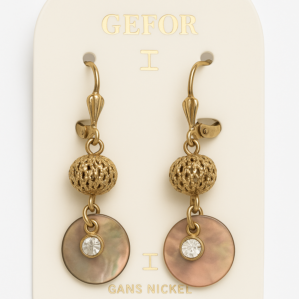 23 - Boucles d’oreilles pendantes GEFOR – Nacre blanche & strass cristal