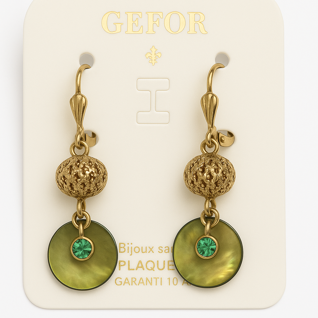 23 - Boucles d’oreilles pendantes GEFOR – Nacre blanche & strass cristal