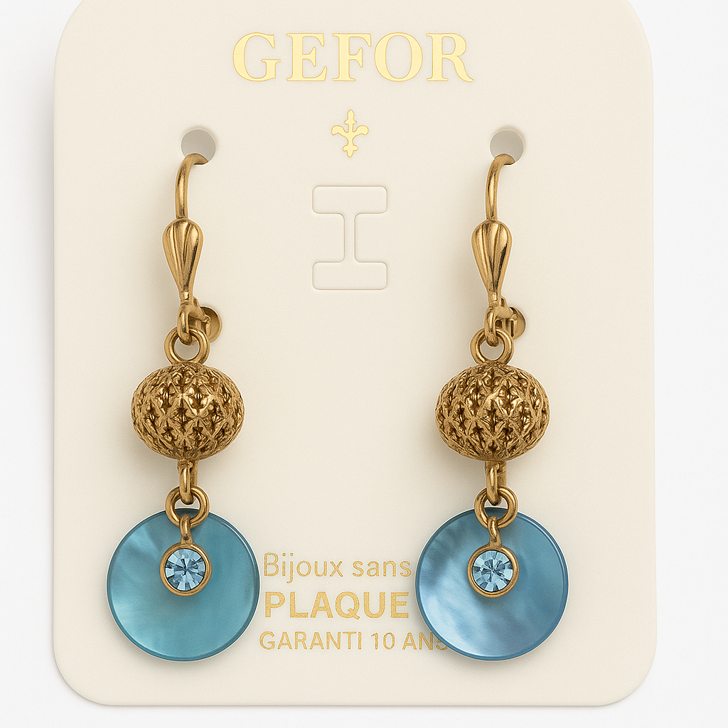 23 - Boucles d’oreilles pendantes GEFOR – Nacre blanche & strass cristal