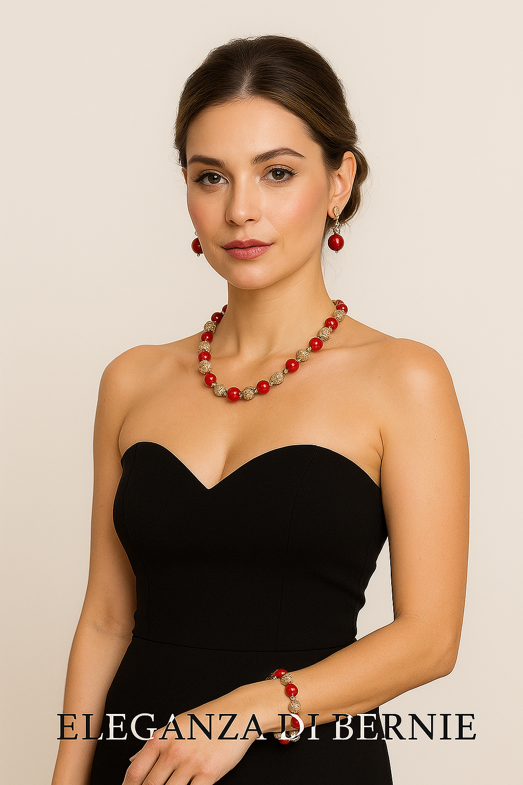 Parure Royale – Perles Rouges & Cristaux Dorés