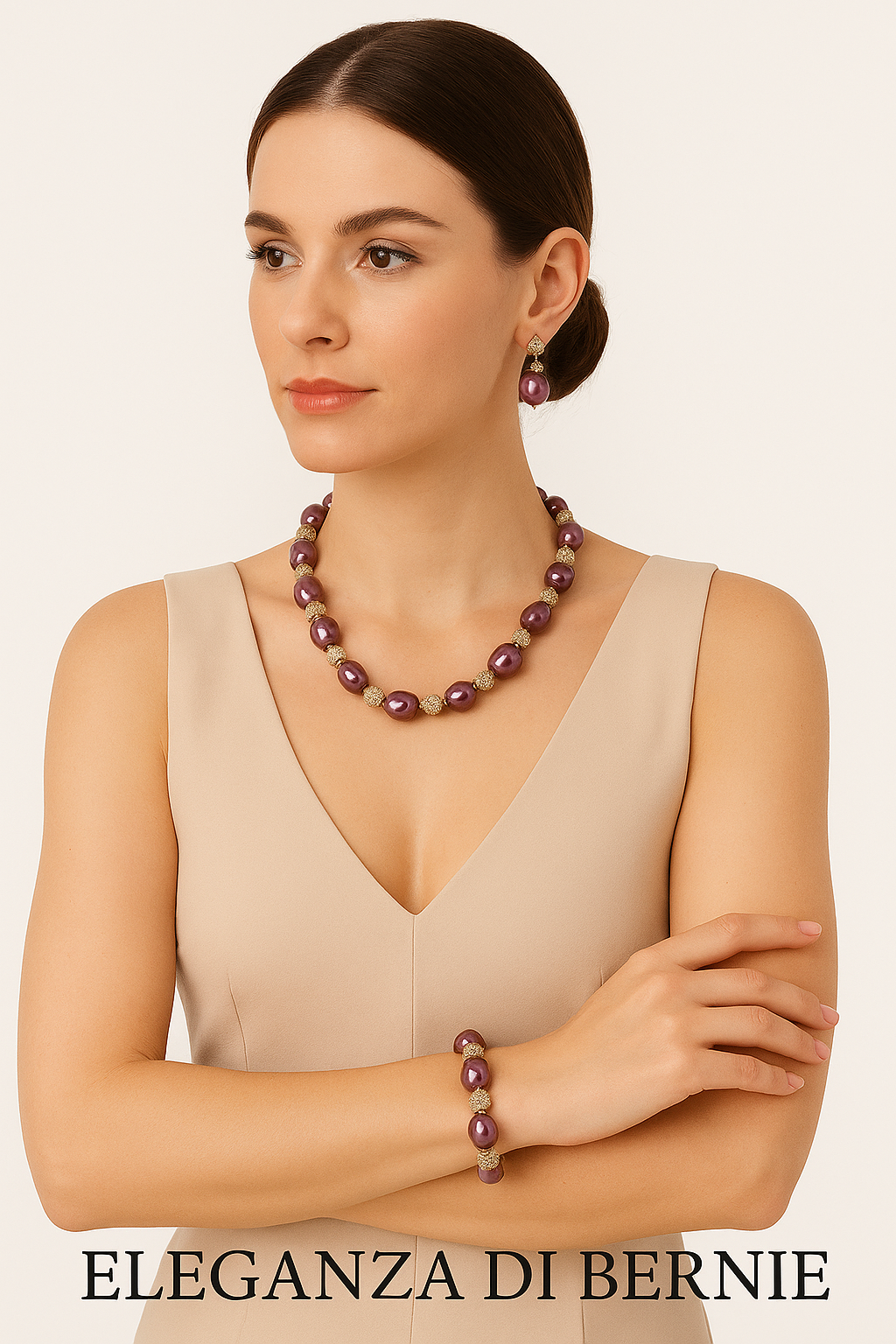 Parure Majesté – Perles Baroques Mauve & Cristaux Dorés