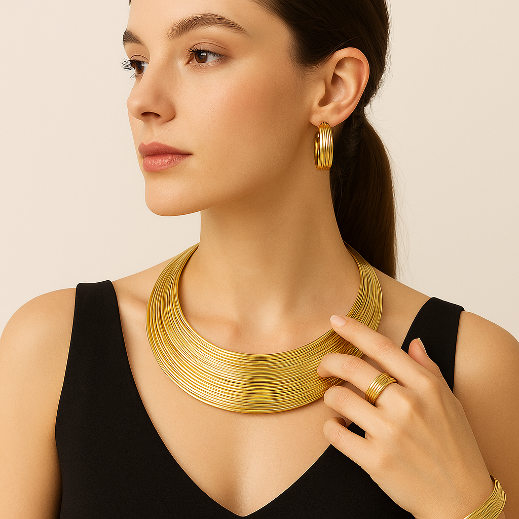 Parure Élégance Dorée – Collier, Bracelet, Boucles & Bague