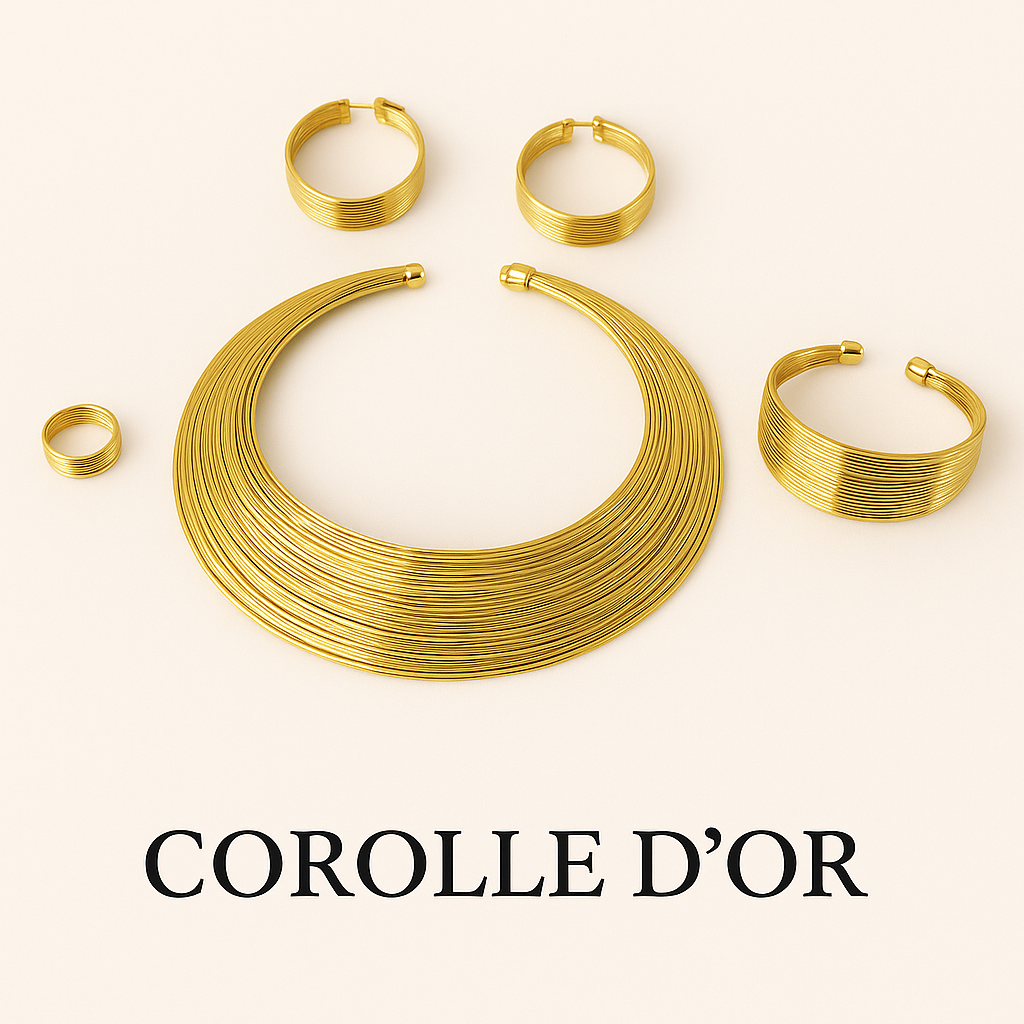 Parure Élégance Dorée – Collier, Bracelet, Boucles & Bague