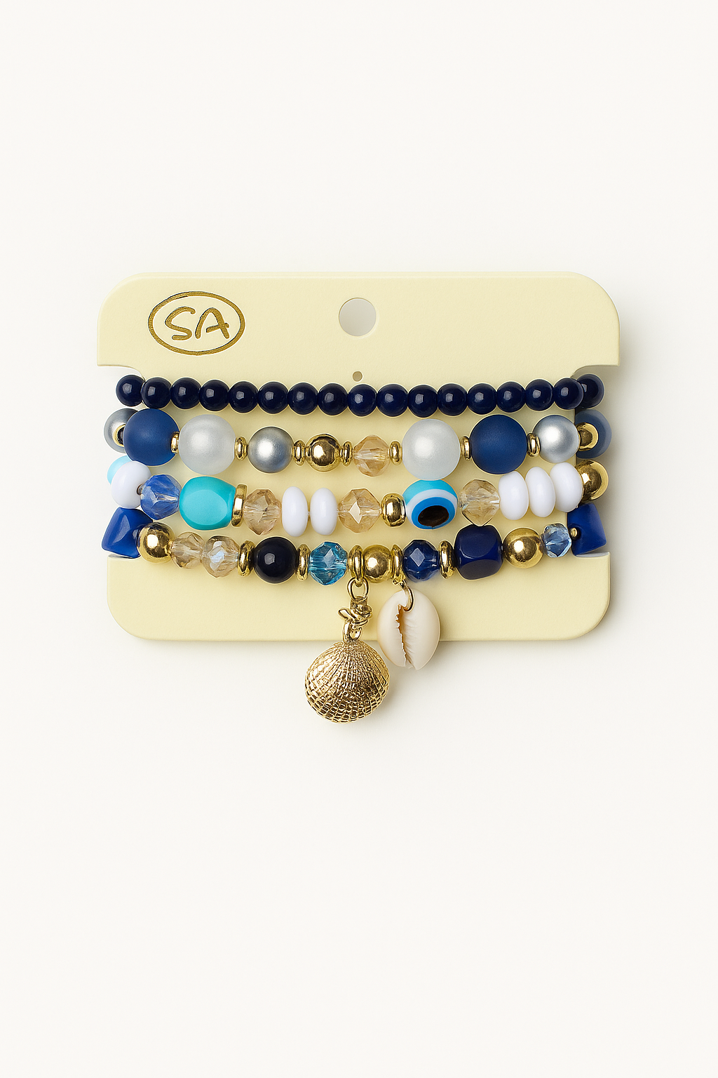 Lot de 4 Bracelets Élégance Marine – Perles Bleu Nuit & Coquillages