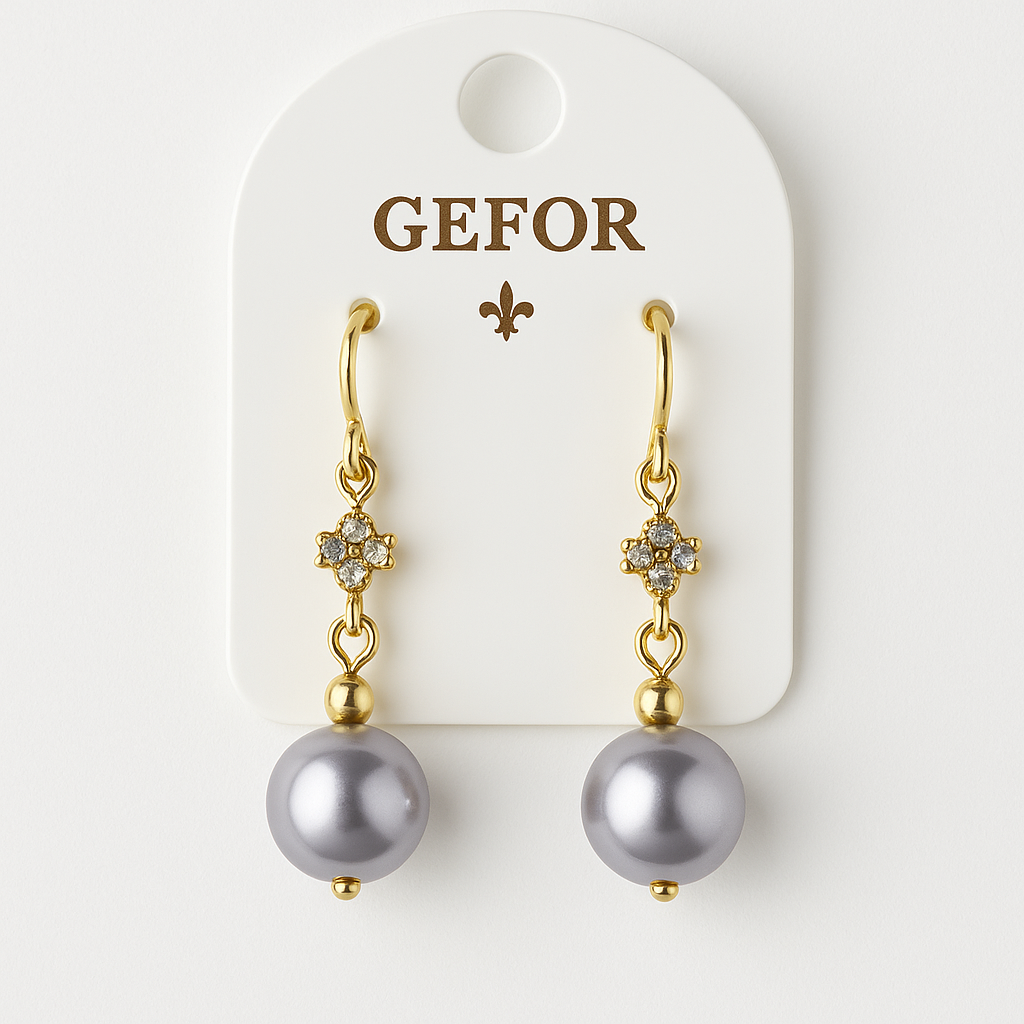 10 - Boucles d’Oreilles GEFOR – Perle Grise & Fleur Dorée