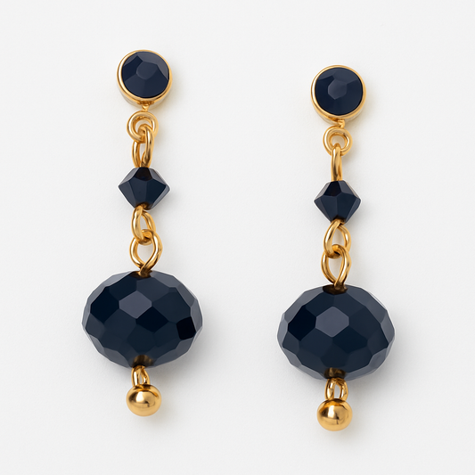 14 - Boucles d’Oreilles Pendantes Plaquées Or – Perles Bleu Nuit & Cristaux