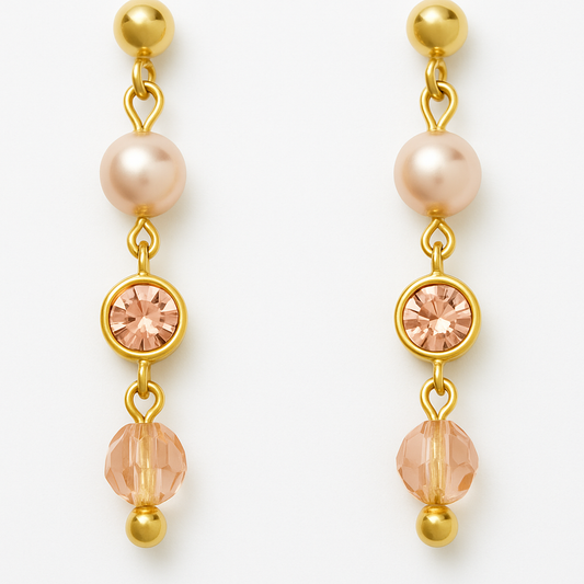 17 - Boucles d’Oreilles Pendantes Plaquées Or – Perle, Cristal & Goutte Facettée Rose