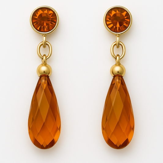 19 - Boucles d’Oreilles Pendantes Plaquées Or – Goutte Cristal Orange Facetté
