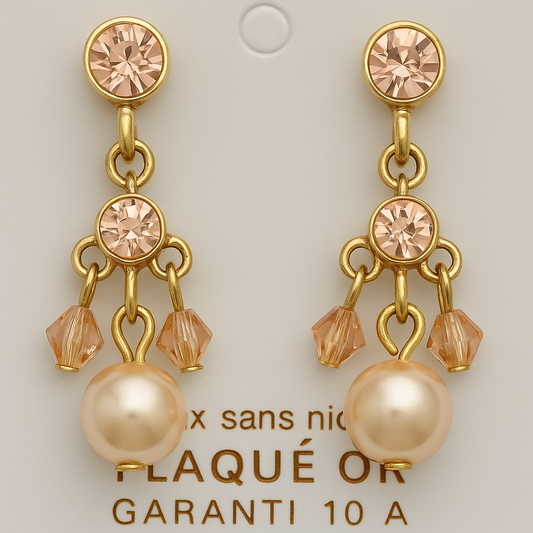 21 - Boucles d’Oreilles Pendantes Plaquées Or – Cristal Rose & Perle Nacrée