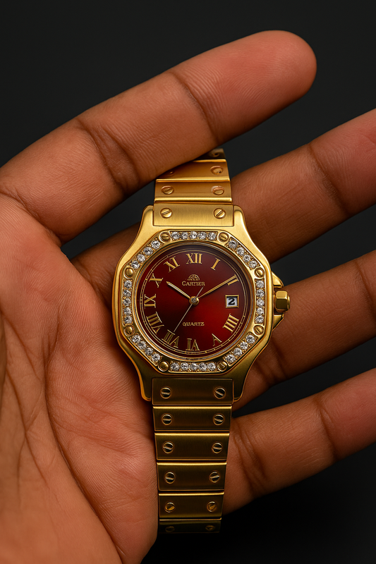 Montre Bracelet Dorée Quartz - Cadran Rouge & Zircons