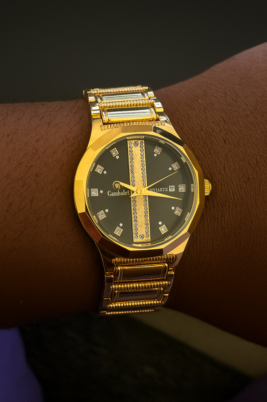 Montre Camelot Homme – Bracelet Doré & Cadran Noir Sertis de Strass