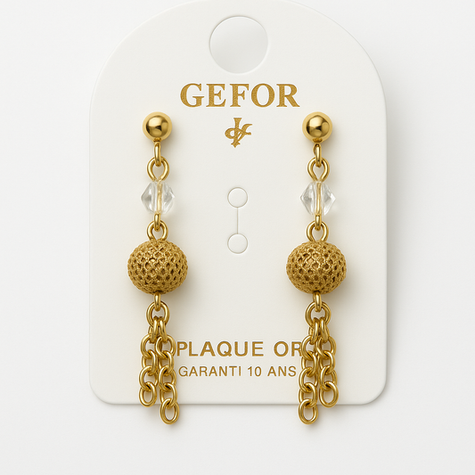 12 - Boucles d’Oreilles GEFOR – Dorure Texturée & Cristal Clair