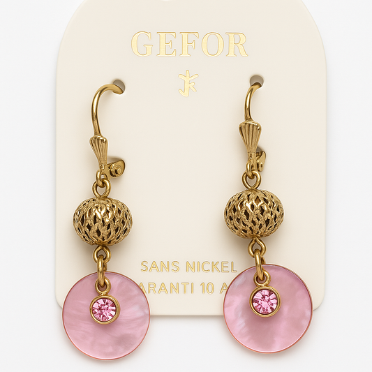 23 - Boucles d’oreilles pendantes GEFOR – Nacre blanche & strass cristal