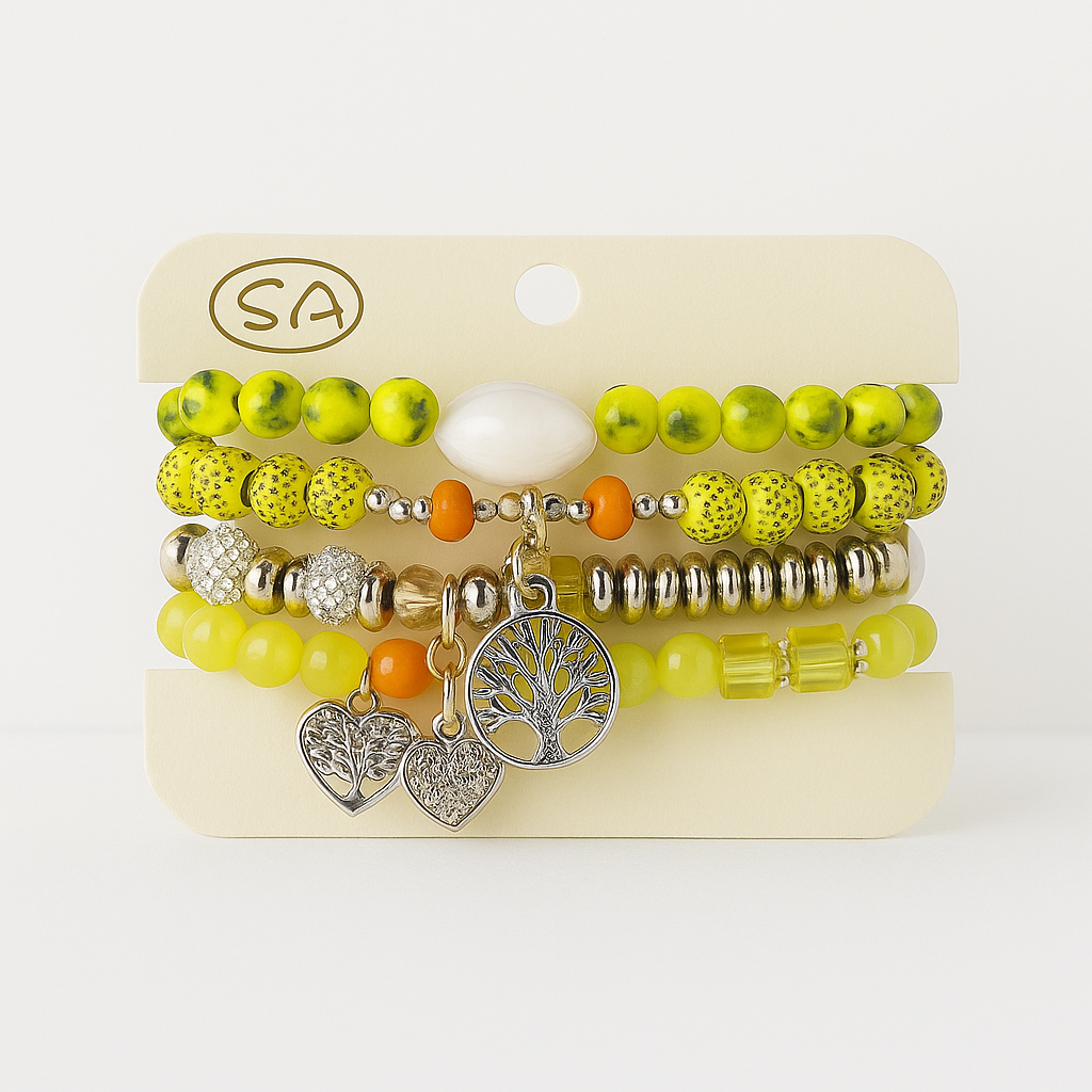 Lot de 4 Bracelets Stretch Perles Jaune Soleil et Breloques